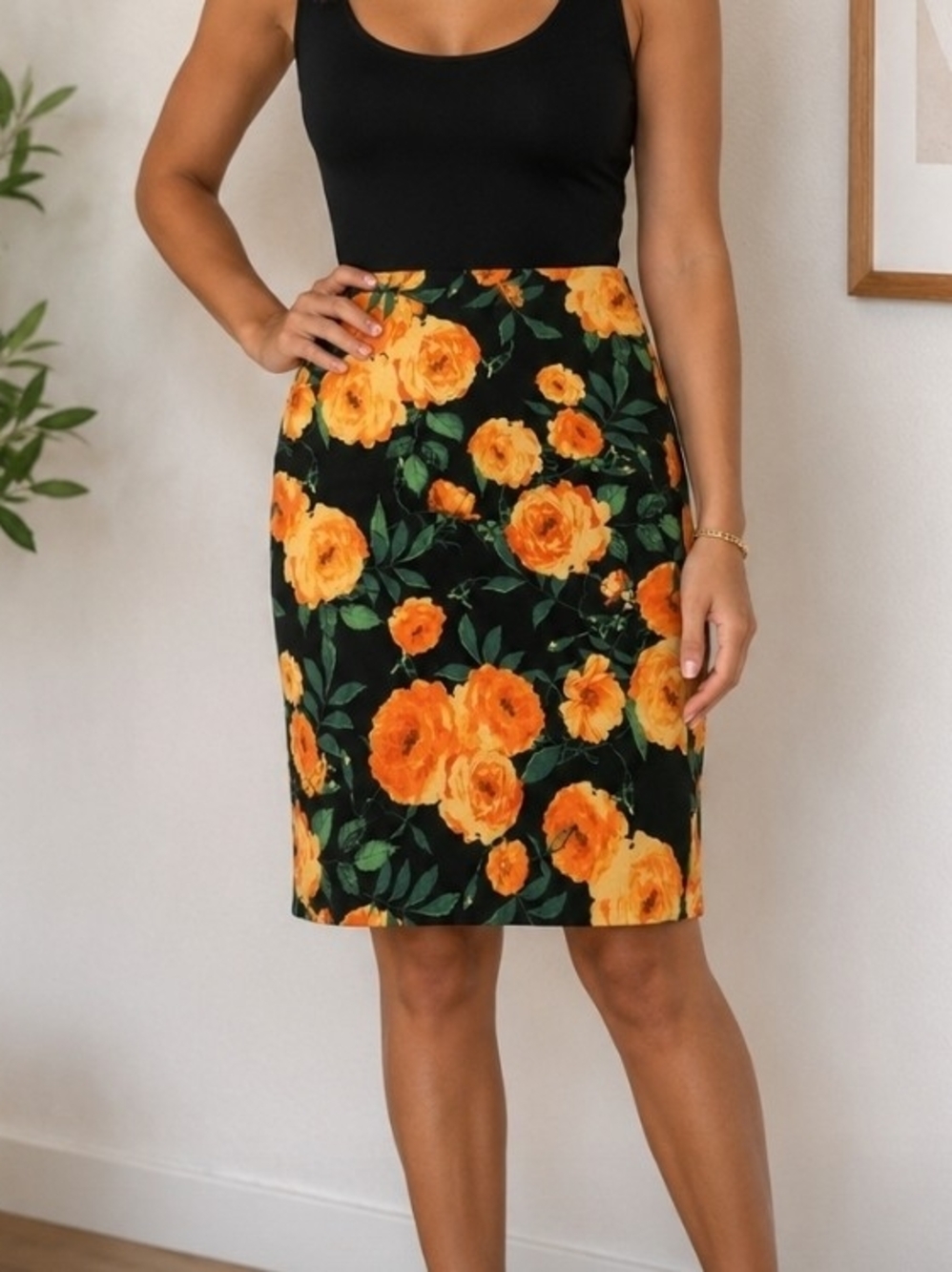 7th Avenue Design Studio Floral Pencil Skirt Women's Size 6 Black Orange Yellow